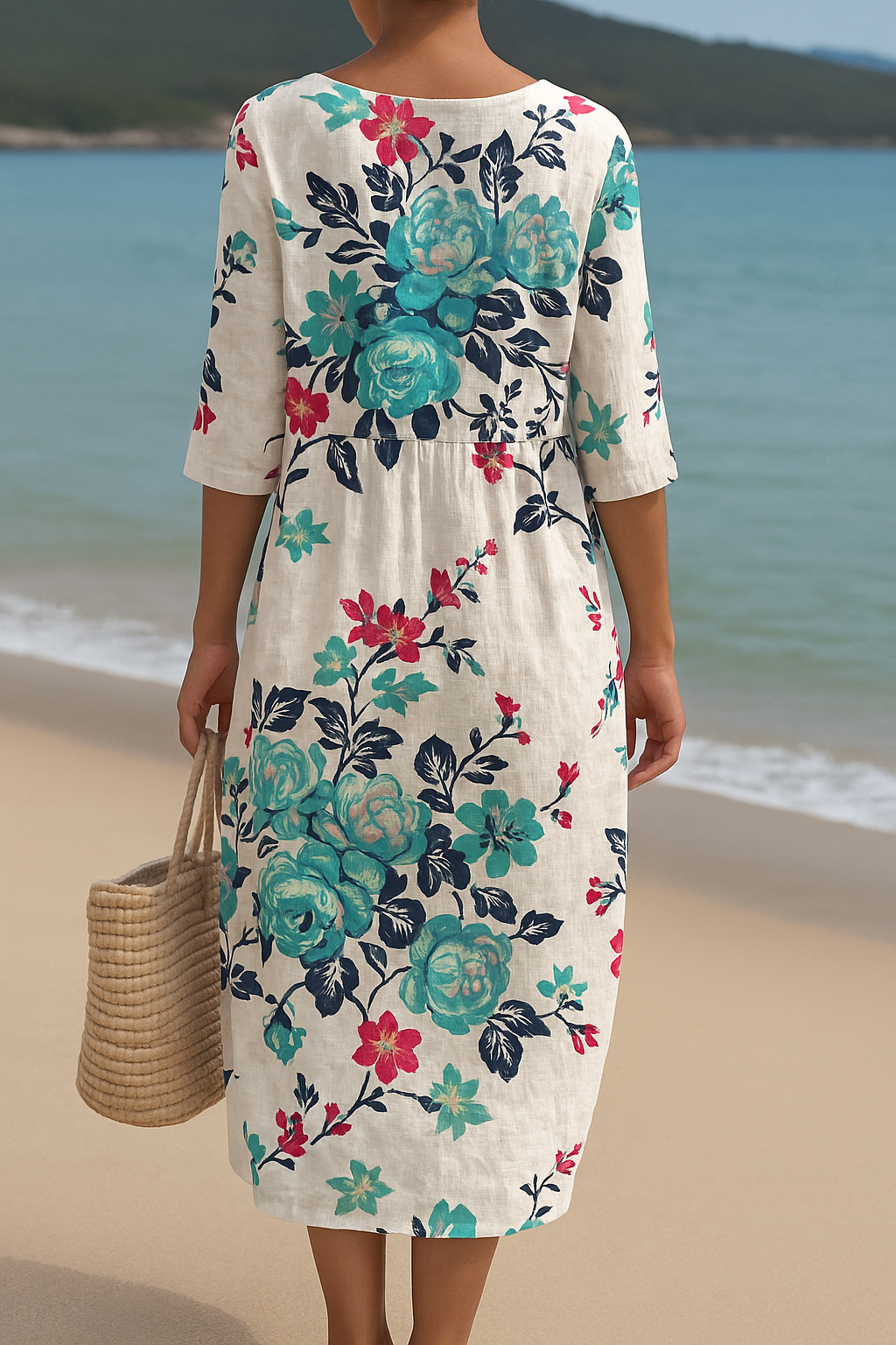 Élodie | Elegant White Maxi Dress with Turquoise Floral Accents