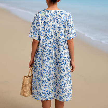 Léonie | Ivory Dress Adorned with Porcelain Blue Floral Accents