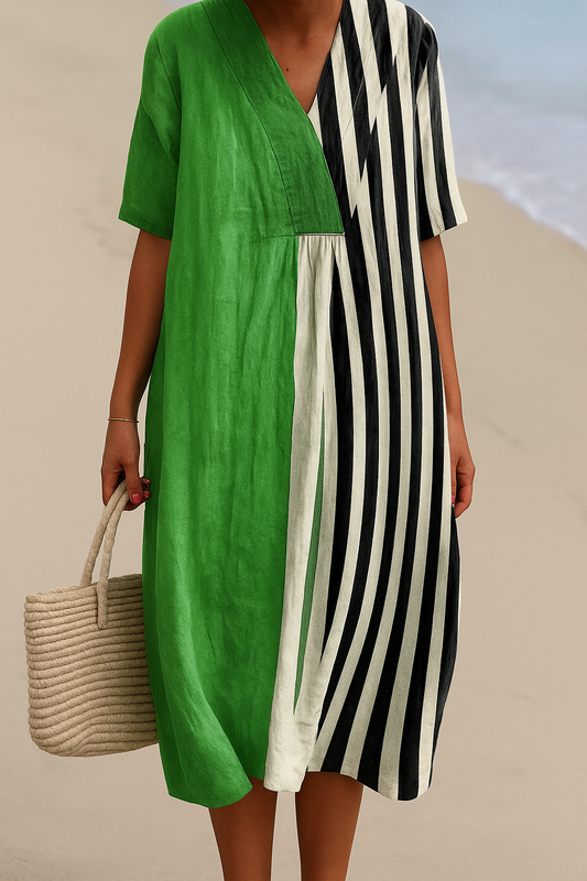 Iris | Vibrant Green Dress Featuring Black Stripes