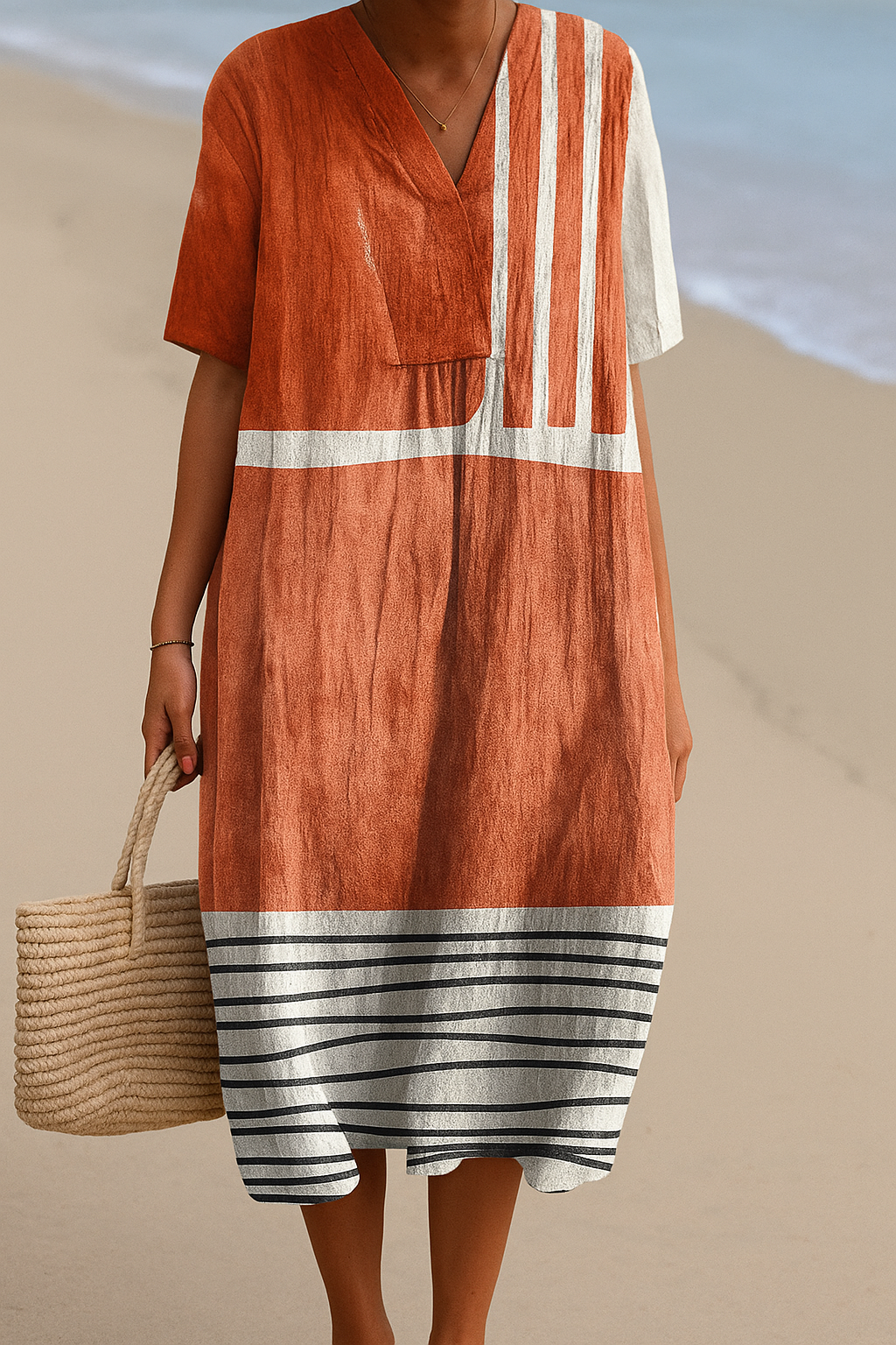 Mara | Terracotta Dress Featuring Graphic Stripes