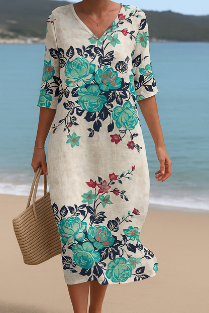 Élodie | Elegant White Maxi Dress with Turquoise Floral Accents