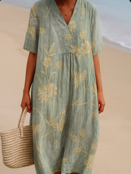 Olivia | Floral Embroidered Blue-Gray Dress