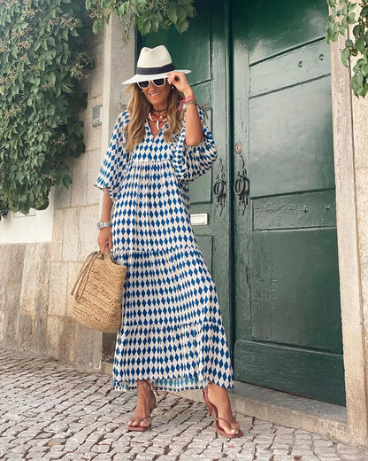 Livia | Geometric Blue and White Dress